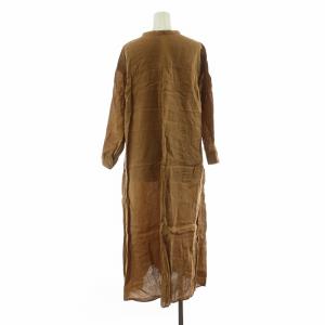 SHIPS シャツワンピース 麻 リネン100％ ミモレ ロング 七分袖 ノーカラー Vネック Iライン F 茶 ブラウン
