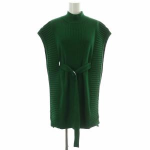 ウエストベルトニットベスト プルオーバー ハイネック 無地 ベルト F 緑 グリーン 522052600701