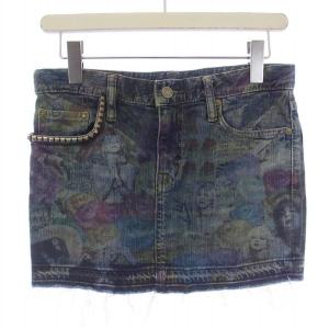 デニムスカート ミニ丈 ジップフライ 総柄 VINTAGE加工 スタッズ S インディゴ /BM