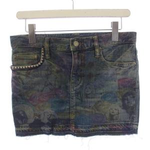 デニムスカート ミニ丈 ジップフライ 総柄 VINTAGE加工 スタッズ S インディゴ /BM