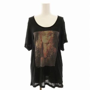 Tシャツ カットソー シアー プリント ボートネック 写真プリント F 黒 ブラック /EE