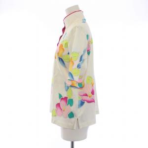 LEONARD SPORT ポロシャツ カットソー 五分袖 スタンドカラー レギュラーカラー ストレッチ 花柄 総柄 42 XL 白