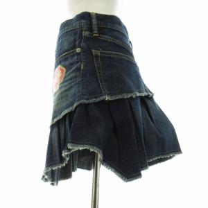 HYSTERIC GLAMOUR デニムスカート ミニ ティアード フリンジ 柄プリント スタッズ ボタンフライ S インディゴブルー
