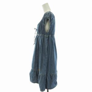 HYSTERIC GLAMOUR デニムワンピース ミニ リボン Vネック プルオーバー 半袖 F 水色 ライトブルー