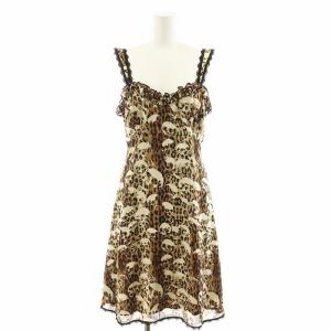 キャミソールワンピース キャミワンピ ミニ丈 アニマル柄 スカル フリル レース F ベージュ 茶 ブラウン