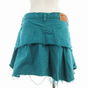 HYSTERIC GLAMOUR デニムスカート ミニ ティアード アシンメトリー フリンジ ボタンフライ S エメラルドグリーン