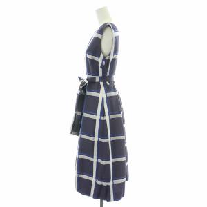 Grace Class フレアワンピース ミモレ ロング ノースリーブ Vネック チェック柄 リボン ベルト 36 S 紺 ネイビー 青 ブルー
