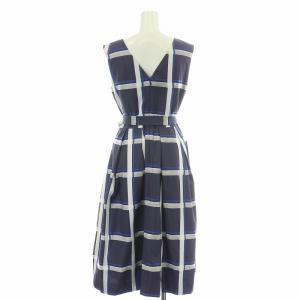 Grace Class フレアワンピース ミモレ ロング ノースリーブ Vネック チェック柄 リボン ベルト 36 S 紺 ネイビー 青 ブルー