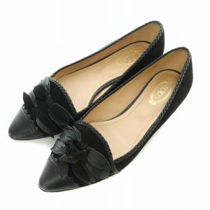 パンプス フラットシューズ アーモンドトゥ スエード レザー 切替 装飾 35 22.5cm 黒 ブラック