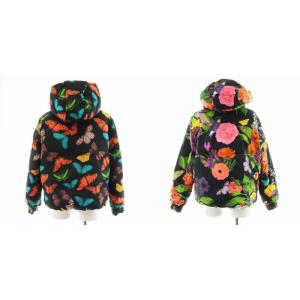 alice + olivia ダウンジャケット フード 花柄 チョウ柄 リバーシブル アウター XS マルチカラー 赤 レッド 紫 パープル 黒 ブラック