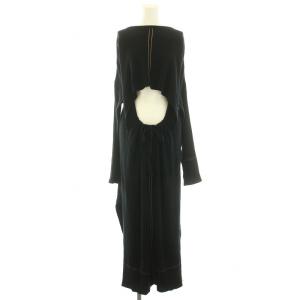 ステッチリブニットワンピース ロング ボートネック 長袖 ドッキング リボン F 黒 ブラック 茶 ブラウン