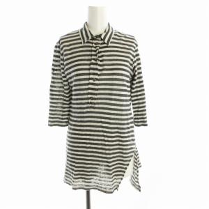 シャツ ブラウス ボーダー 麻 リネン 長袖 S 白 ホワイト グレー