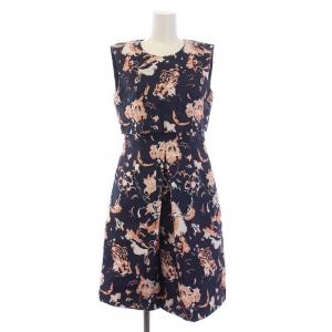 フレアワンピース ひざ丈 ノースリーブ クルーネック 総柄 刺繍 36 S 紺 ネイビー ピンク /BB