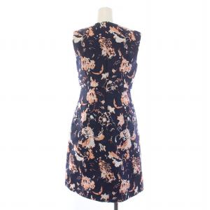 ANAYI フレアワンピース ひざ丈 ノースリーブ クルーネック 総柄 刺繍 36 S 紺 ネイビー ピンク /BB