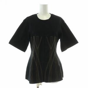 Tシャツ カットソー フレア 半袖 クルーネック 刺繍 S 黒 ブラック 6J0145