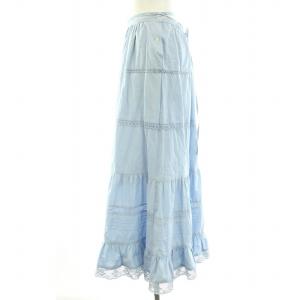 CASA FLINE 23SS ティアードスカート ロング フレア リボン レース 花柄 コットン F 水色 ライトブルー