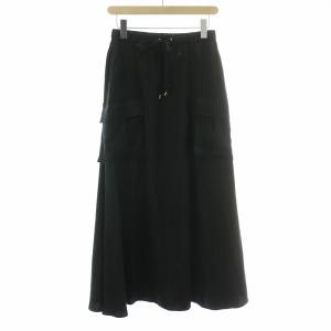 サテンミリタリーロングスカート イージー フレア ギャザー マキシ ロング 36 S 黒 ブラック 0223321100-01