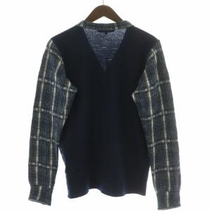 COMME des GARCONS HOMME ニットカーディガン 長袖 Vネック チェック柄 ウール XS 紺 ネイビー