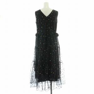 Grace Class マルチドットembドレス フレアワンピース ギャザー チュール ミモレ ロング ノースリーブ ラメ 総柄 36 S 黒 ブラック