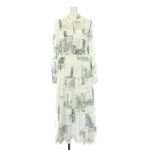 22SS ニューヨークプリントワンピース フレア ロング マキシ 長袖 バンドカラー 38 M 白 ホワイト