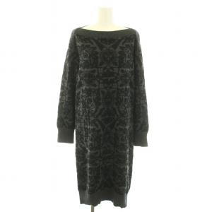 ニットワンピース ひざ丈 オフショルダー 長袖 総柄 ハイゲージ 麻 リネン混 2 M グレー 黒 ブラック