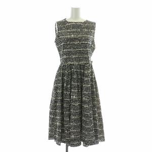 フレアワンピース ギャザー ミモレ ロング ノースリーブ クルーネック ストレッチ 総柄 40 L 黒