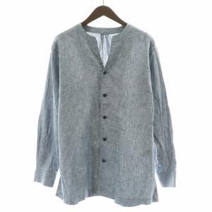 カジュアルシャツ ノーカラー スキッパー 長袖 麻 リネン混 M 青 ブルー /BB