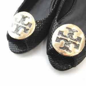 TORY BURCH パンプス オープントゥ ウェッジソール 型押し レザー Tロゴプレート 36 黒 ブラック