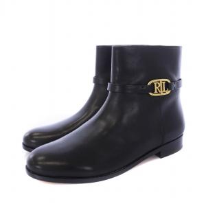 LAUREN RALPH LAUREN ショートブーツ ブーティ チャンキーヒール レザー ゴールド金具 7B 24.5cm 黒 ブラック /KH
