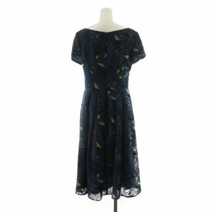 SYBILLA フレアベロアワンピース タック 半袖 総柄 ミモレ ロング ペチコート付き L 紺 ネイビー