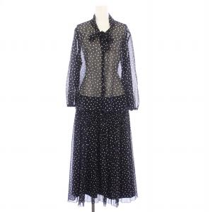 セットアップ シアーブラウス シャツ フレアスカート ロング ドット 13+ XL 大きいサイズ 紺 ネイビー