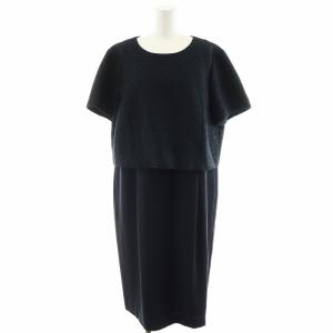 ワンピース ロング丈 半袖 切替 ニット 13+ XL 紺 ネイビー 黒 ブラック