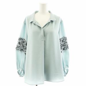 シャツ ブラウス 長袖 スリットネック 刺繍 13+ XL 水色 ライトブルー /AN34