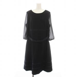 ツイード ワンピース ロング 袖シースルー 七分袖 大きいサイズ 46 XL 紺 ネイビー /YM