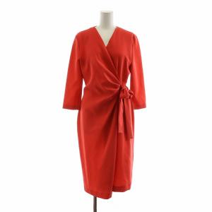 ワンピース ミモレ ロング Vネック Iライン ベルト 七分袖 6 L 赤 レッド /NQ