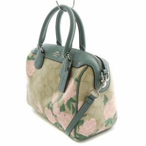 COACH 2WAY ハンドバッグ ショルダーバッグ シグネチャー ローズプリント 切替 ロゴチャーム ベージュ 水色 ライトブルー F25870