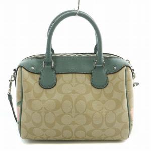 COACH 2WAY ハンドバッグ ショルダーバッグ シグネチャー ローズプリント 切替 ロゴチャーム ベージュ 水色 ライトブルー F25870