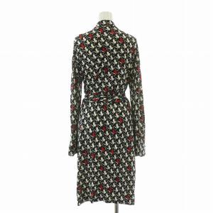 DIANE von FURSTENBERG タイトワンピース ラップ 巻き ミモレ ロング 長袖 スキッパー ストレッチ ハート柄 総柄 12 黒 ブラック 白 ホワイト