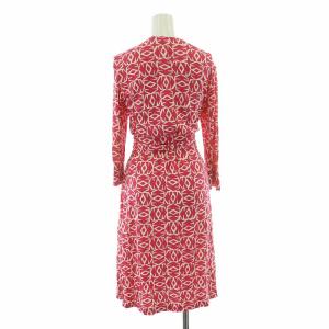 DIANE von FURSTENBERG タイトワンピース ラップ 巻き ミモレ ロング 七分袖 Vネック ストレッチ シルク 総柄 8 XL ピンク 白 ホワイト