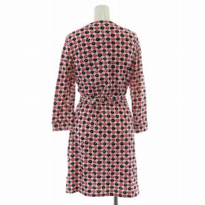 DIANE von FURSTENBERG タイトワンピース ラップ 巻き ひざ丈 七分袖 Vネック ストレッチ 総柄 6 L 黒 ブラック 白 ホワイト ピンク