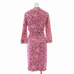 DIANE von FURSTENBERG タイトワンピース ラップ 巻き ミモレ ロング 七分袖 Vネック ストレッチ シルク アニマル柄 総柄 4 M ピンク 白