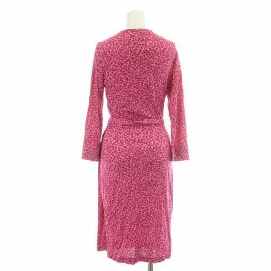 DIANE von FURSTENBERG タイトワンピース ラップ 巻き ミモレ ロング 七分袖 Vネック ストレッチ シルク 総柄 6 L ピンク