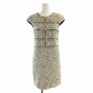 ワンピース ひざ丈 ツイード フリンジ  半袖 36 S 白 ホワイト