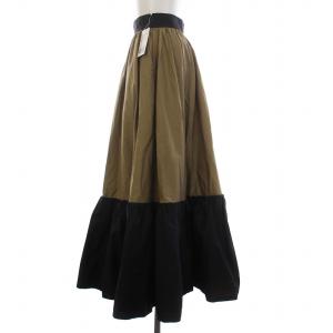 IENA 24SS バイカラーギャザー切り替えスカート ロング フレア 36 S カーキ 黒 ブラック