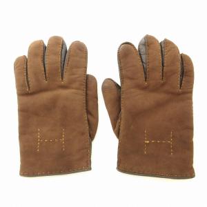HIROFU 手袋 グローブ レザー スエード 切替 裏側ニット 茶 ブラウン