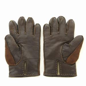 HIROFU 手袋 グローブ レザー スエード 切替 裏側ニット 茶 ブラウン