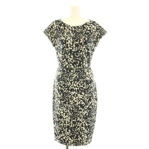 ワンピース ひざ丈 半袖 フレンチスリーブ 総柄 ベルト 40 M アイボリー 黒 ブラック /YT