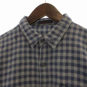 Papas カジュアルシャツ ギンガムチェック 刺繍 長袖 M 紺 ネイビー グレー