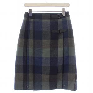 フレアスカート ミモレ丈 ベルト チェック柄 ウール ナイロン 38 M 紺 ネイビー 緑 グリーン /BM