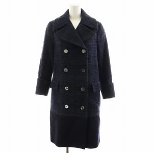 チェスターコート ロング丈 ダブル チェック柄 ウール IT40 S 紺 ネイビー 黒 ブラック /AN24